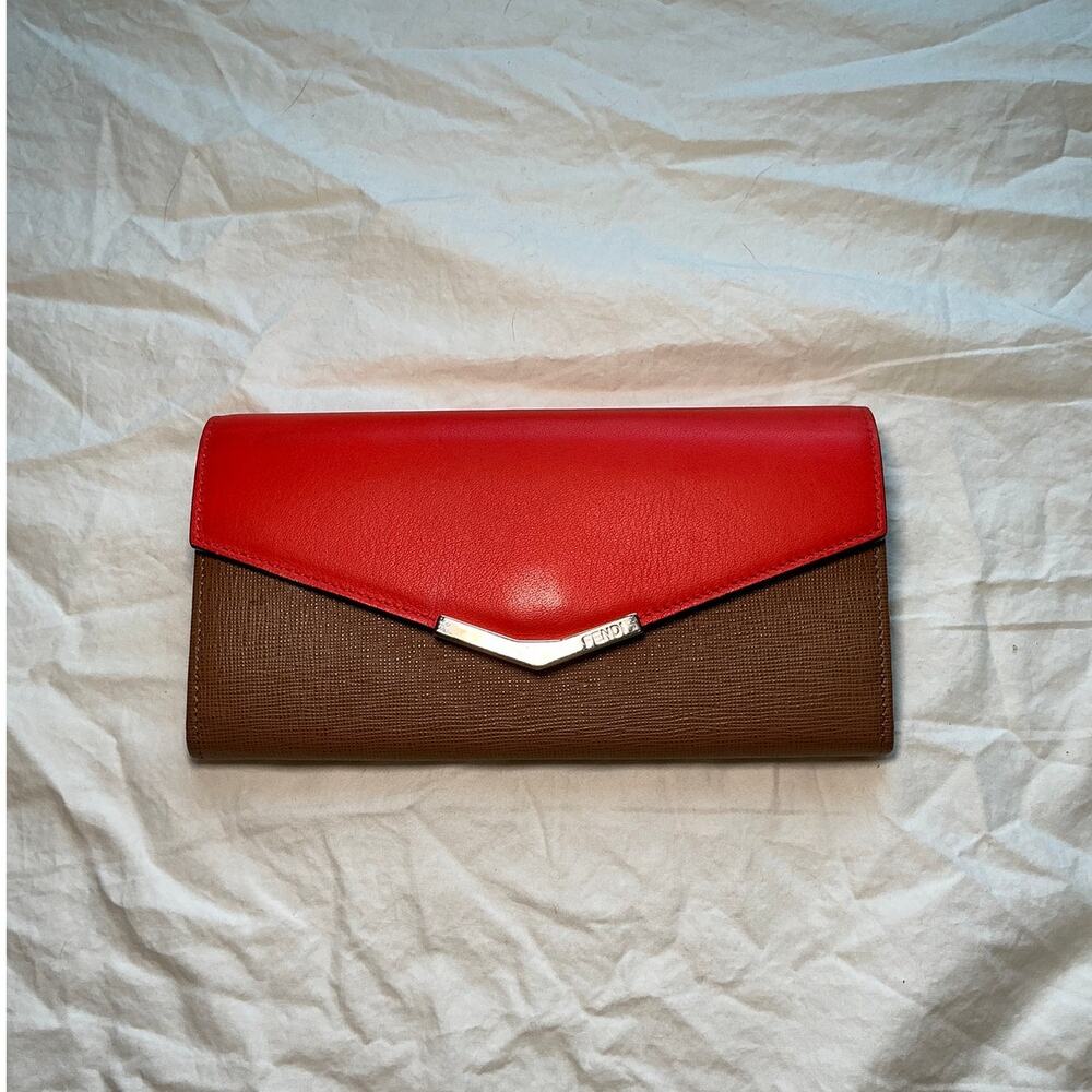 Fendi Two Tone Long Leather Wallet Orange/Tan